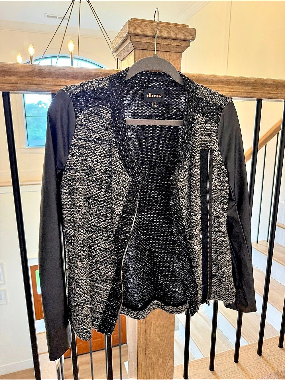 ella moss Knit Front Vest with Long leather Sleeves in Black & Gray Size XS